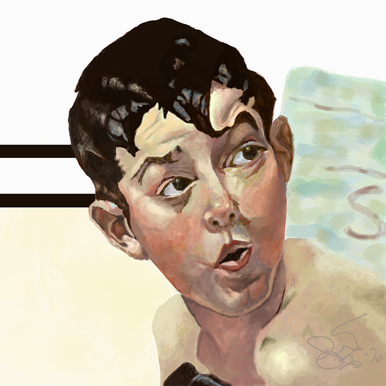 Digital painting of Norman Rockwell's "No Swimming, 1921" showing just the main character's head.