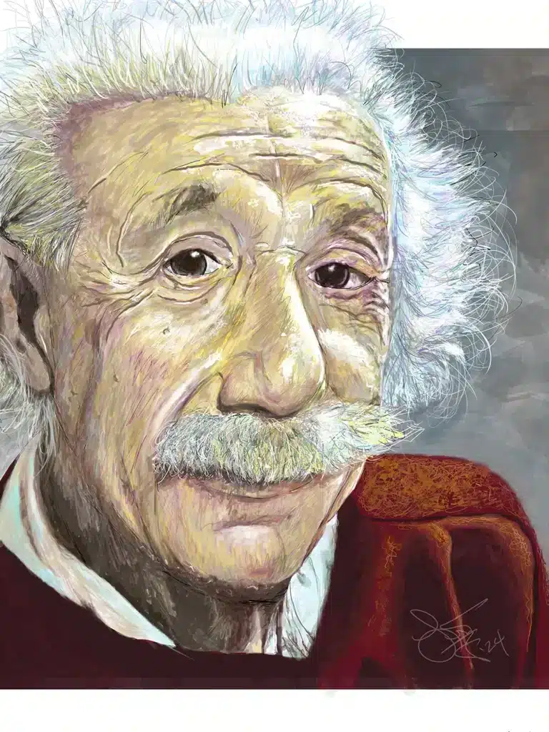 Close-up portrait of Albert Einstein with wild white hair and mustache, wearing a burgundy sweater, looking thoughtful.