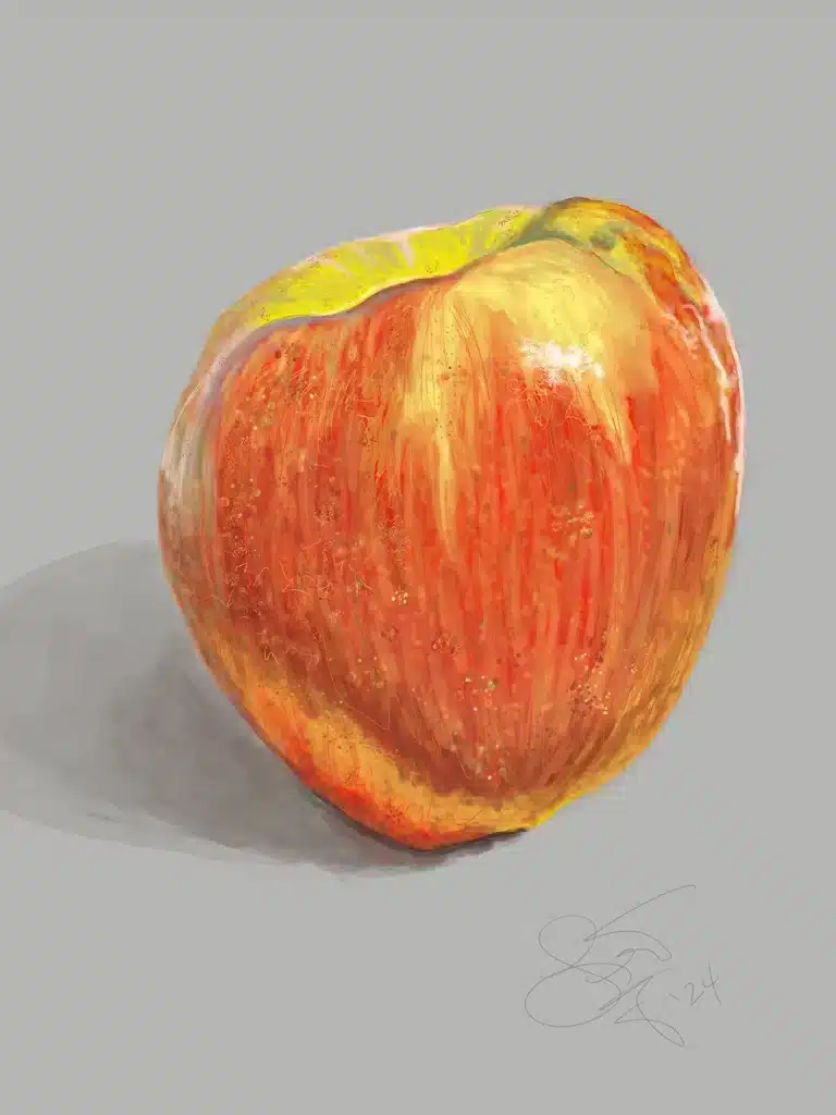 Close-up painting of a ripe peach with orange and yellow hues on a gray background.