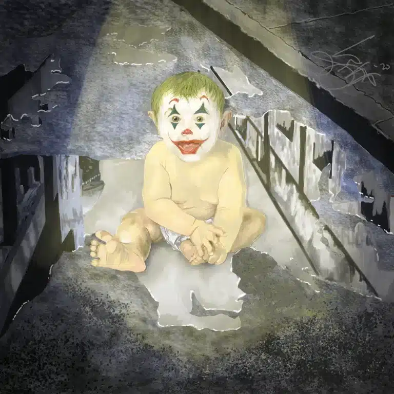 Infant in beige diaper sits in a dark, graffiti-covered alley with clown makeup and green hair, staring forward with a wide red smile.