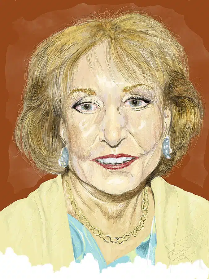 Stylized portrait of an older woman with short blonde hair, blue eyes, wearing drop earrings and a gold necklace against a warm brown background.