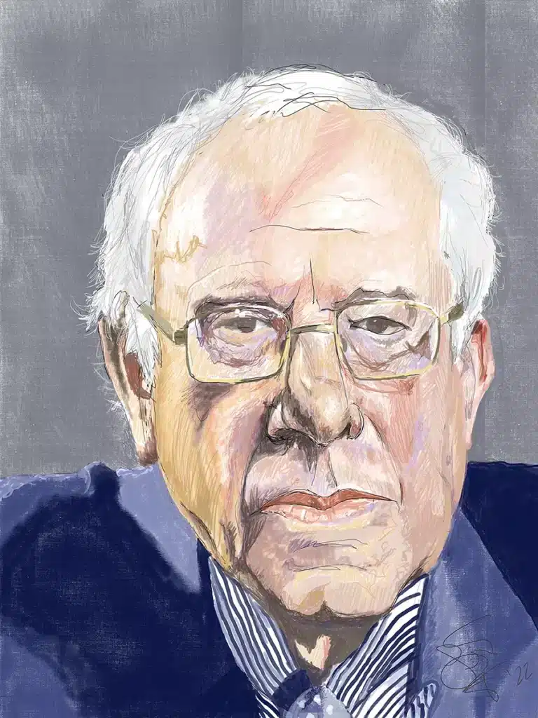 Stylized portrait of an older man with white hair and glasses in a suit, rendered as a painterly illustration at close range