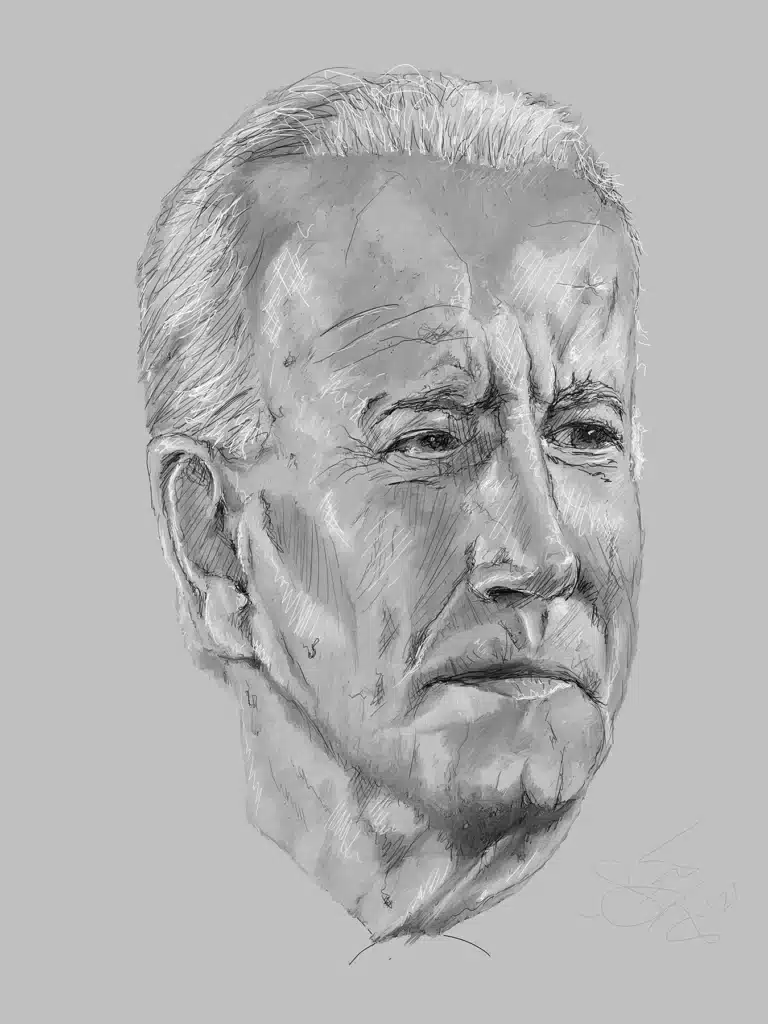 Sketch of an elderly man's head with short gray hair and deep wrinkles on a plain gray background, in a detailed pencil/ink style.