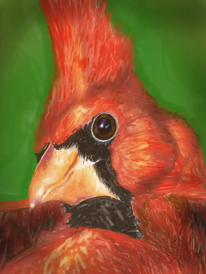 Close-up painting of a bright red cardinal with a black face mask and orange beak against a green background.