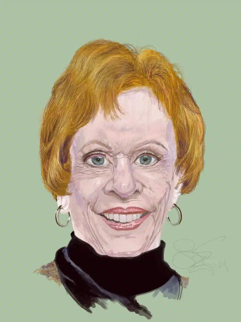 Digital illustration of an elderly woman with short red hair and hoop earrings on a green background, smiling.