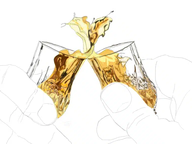 A stylized mixed medium of shot glasses with whiskey, cheering, and creating a heartfelt splash. Traditional sketched and then digitalized for color.