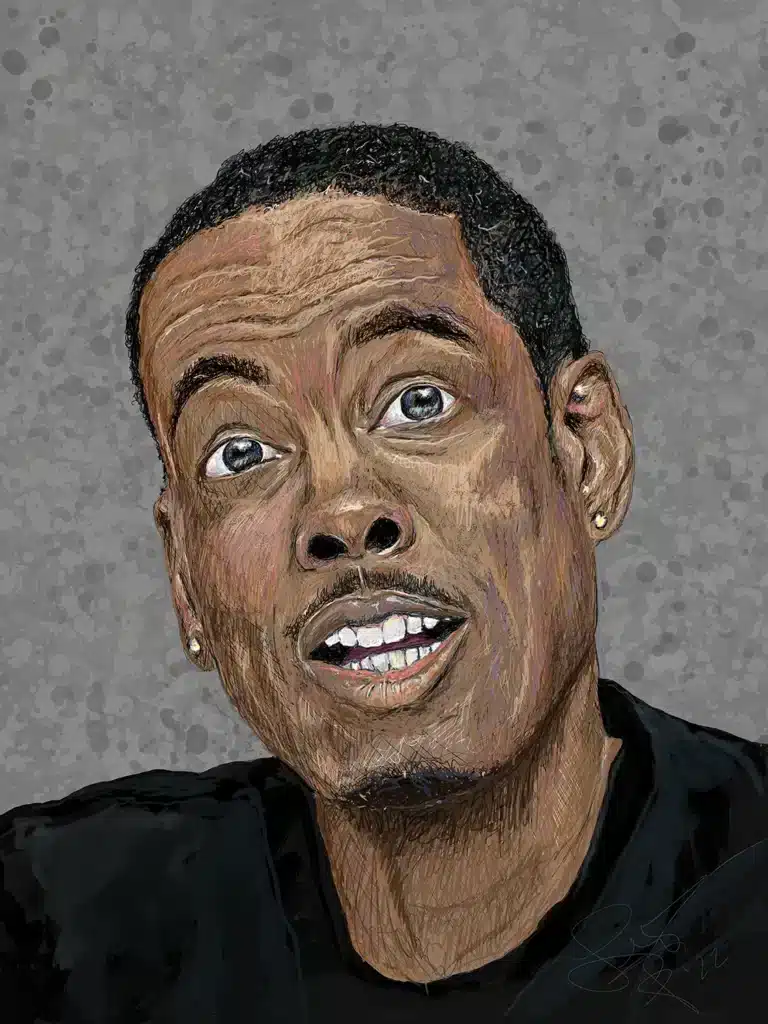 Cartoon-style portrait of Chris Rock with wide eyes after being slapped in the face live at the 94th Academy Awards