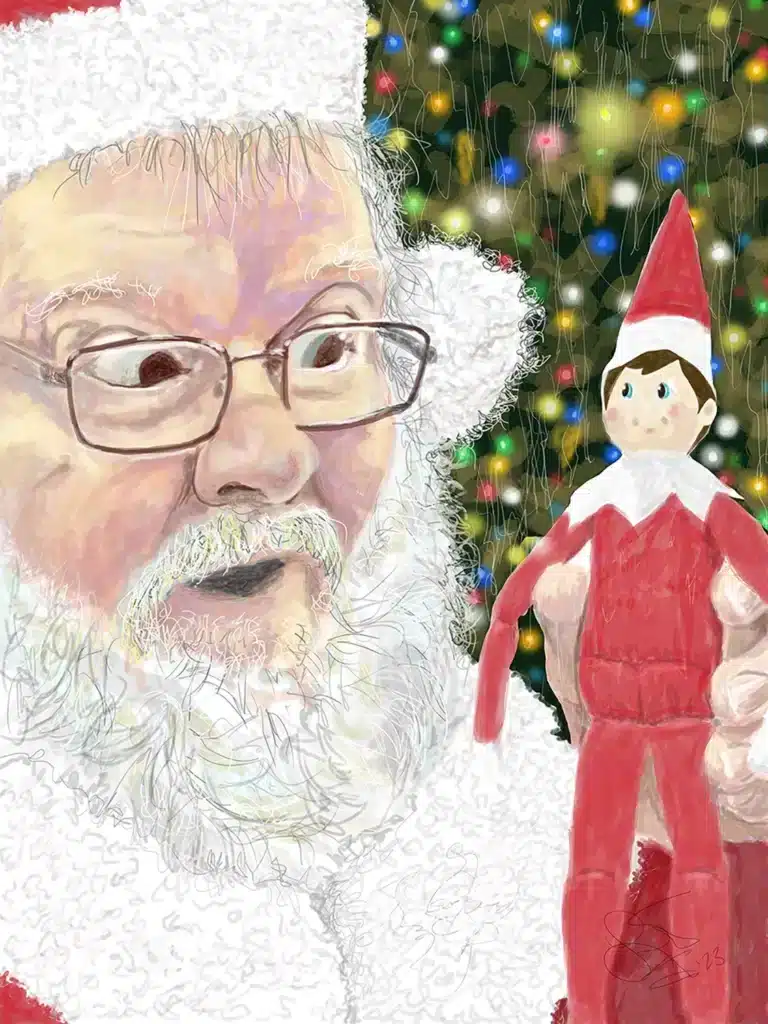 Close-up of a smiling Santa with glasses and a fluffy white beard beside a Christmas tree and the recent craze, Elf on the Shelf.