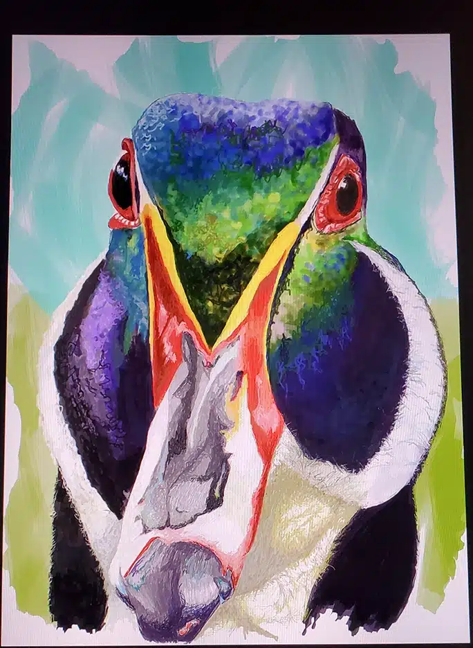 Colorful abstract painting of a wood duck close-up.