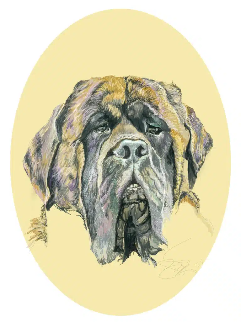 Illustration-style digital painting of a large brindle English Mastiff.
