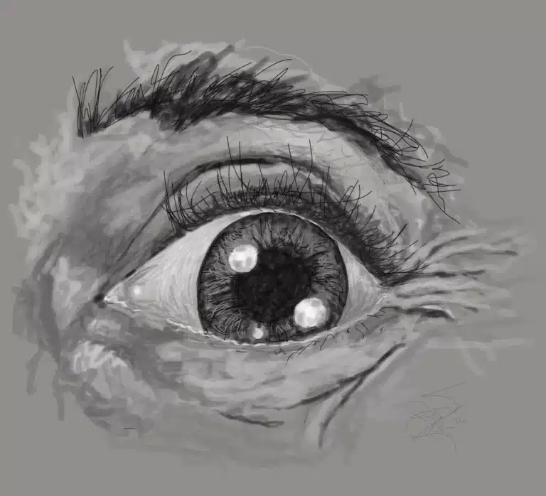 Close-up of a human eye with heavy scribbled strokes and abstract shading.