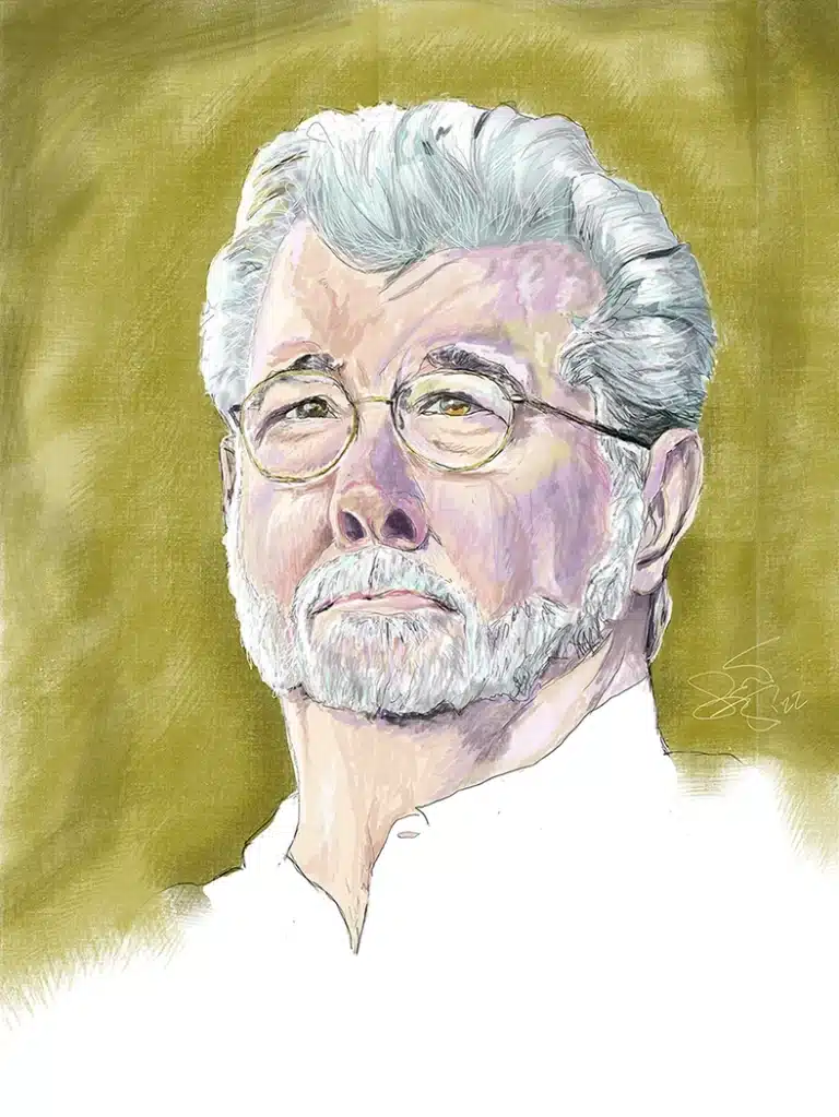 Illustrated portrait of George Lucas.