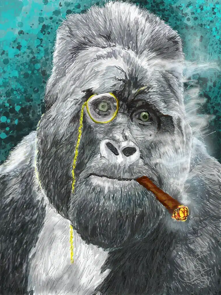 Illustrated character design of a gorilla with a yellow monocle on a chain, smoking a lit cigar.