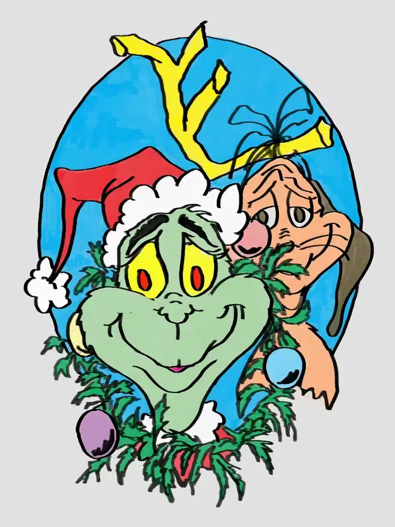 Colorful cartoon of the Grinch wearing a Santa hat, smiling, with a reindeer and Christmas greenery surrounding them as a holiday greeting image.