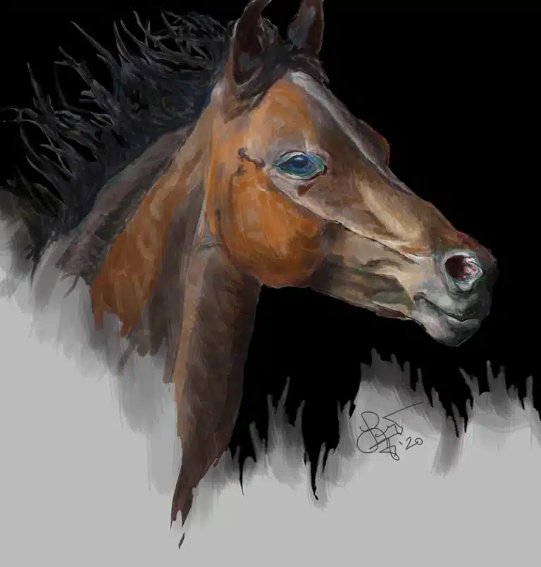 Digital profile view of a brown horse's head painted in warm tones against a black background.