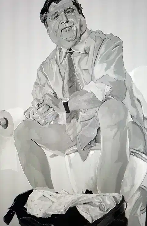 Characterized Illustration of JB Pritzker (43rd governor of Illinois) in a dress shirt and tie, sitting on a toilet with his pants down where he was avoiding paying taxes on a mansion and removed toilets in his home.
