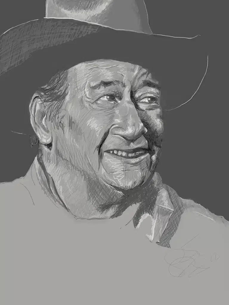 Portrait contribution of John Wayne (1907-1979) wearing a wide-brimmed hat, smiling softly to the side in a sketch-style drawing.