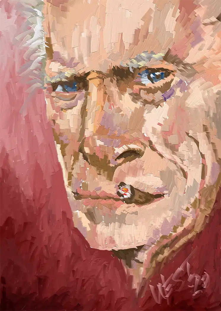 Impressionistic painting close-up of Clint Eastwood, smoking a cigar.