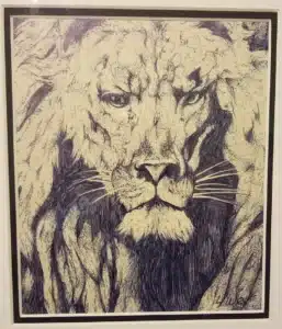 Framed pen-and-ink sketch of a lion's close-up face with a serious expression.