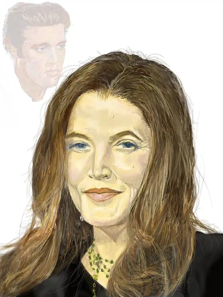 Stylized portrait contribution of Lisa Marie Presley with her father's (Elvis) head appearing in the upper-left background.