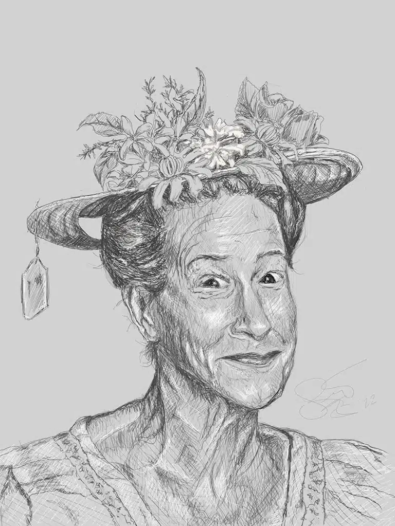 Digital sketch of a smiling Minnie Pearl wearing her iconic flower-filled hat, with a small teabag hanging from the brim.