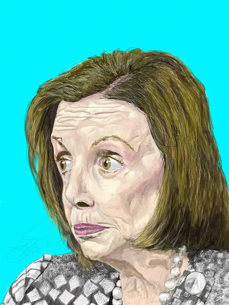 Stylized portrait of a surprised-looking Nancy Pelosi.