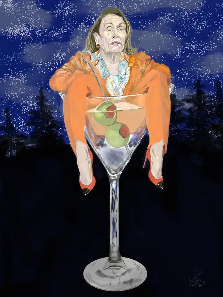 Whimsical portrait illustration of Nancy Pelosi (52nd speaker of the United States House of Representatives).