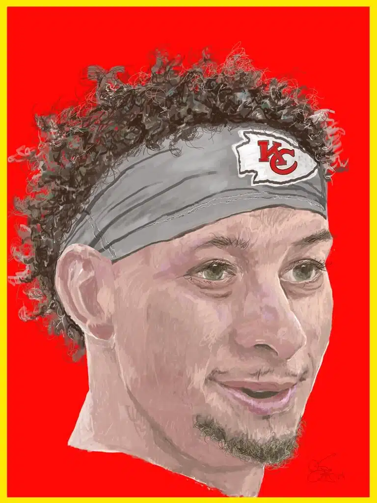 Illustrated portrait of Patrick Mahomes, who played for the Kansas City Chiefs in the NFL.