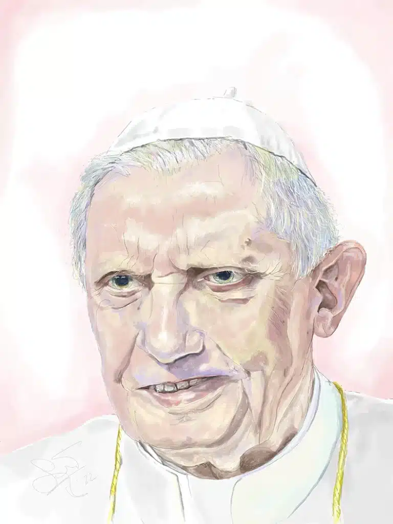 Illustration of Pope Benedict XVI in a white robe and skullcap (1927-2022).