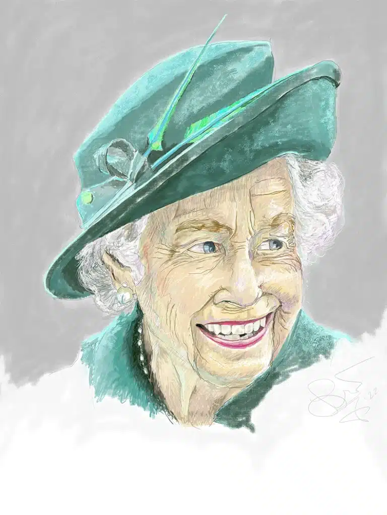 Portrait of Queen Elizabeth II in a teal hat, smiling (1926-2022).