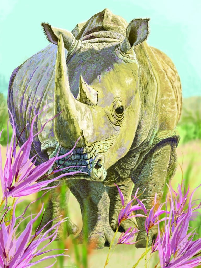 Close-up of a big-horned rhinoceros in a grassy field with vivid purple flowers in the foreground. Digitally painted in 2026.