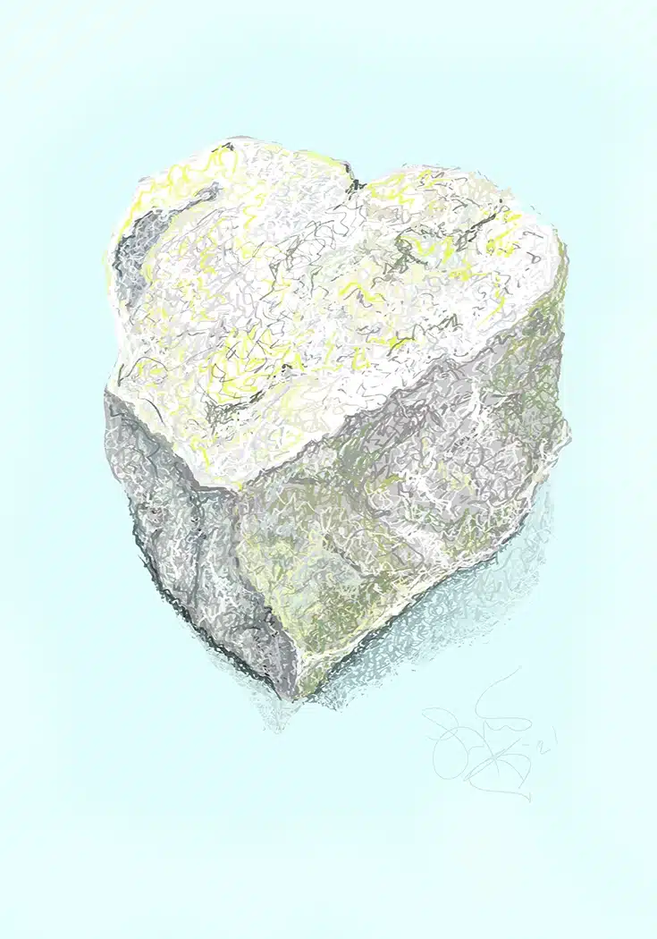 Heart-shaped rock with rough, textured surface on a pale blue background done digitally.