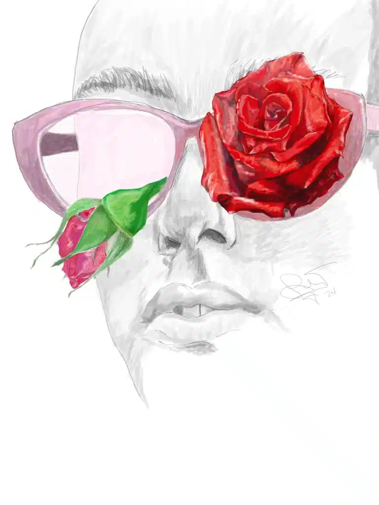Sketch of a grayscale face wearing large pink sunglasses with a red rose pressed over one eye. Halfway based on John Conlee's lyrics.