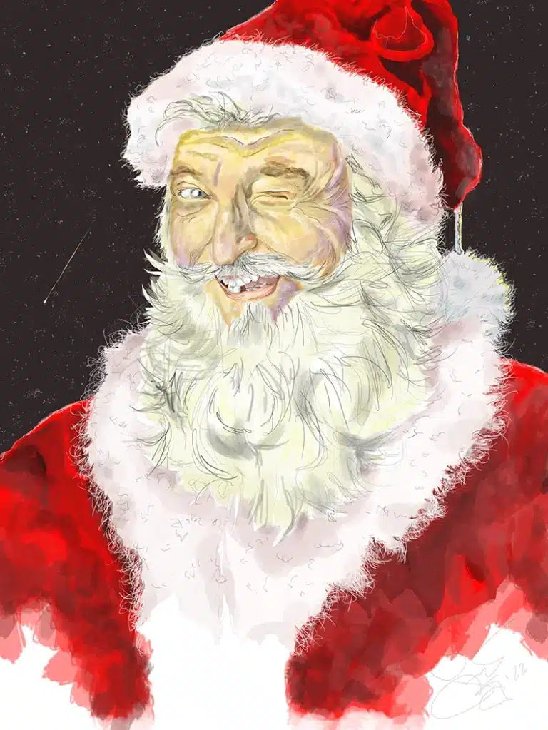 Whimsical painting of Santa Claus winking, red suit and fluffy white beard against a dark night background, festive smile. Digital painting in 2022.