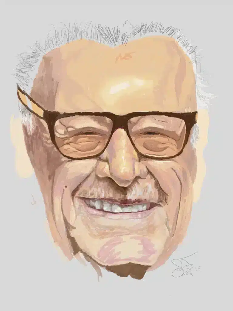 Portrait illustration of Stan Lee who was well known in comic book era. He helped with characters like Spider-Man, X-men, Thor and many others with Marvel Comics.