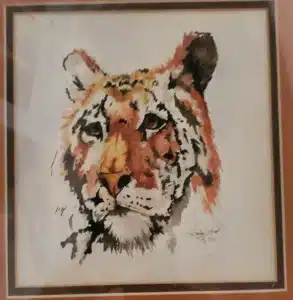 Traditional framed watercolor portrait of a tiger's face. A Best in Show piece in 1984.