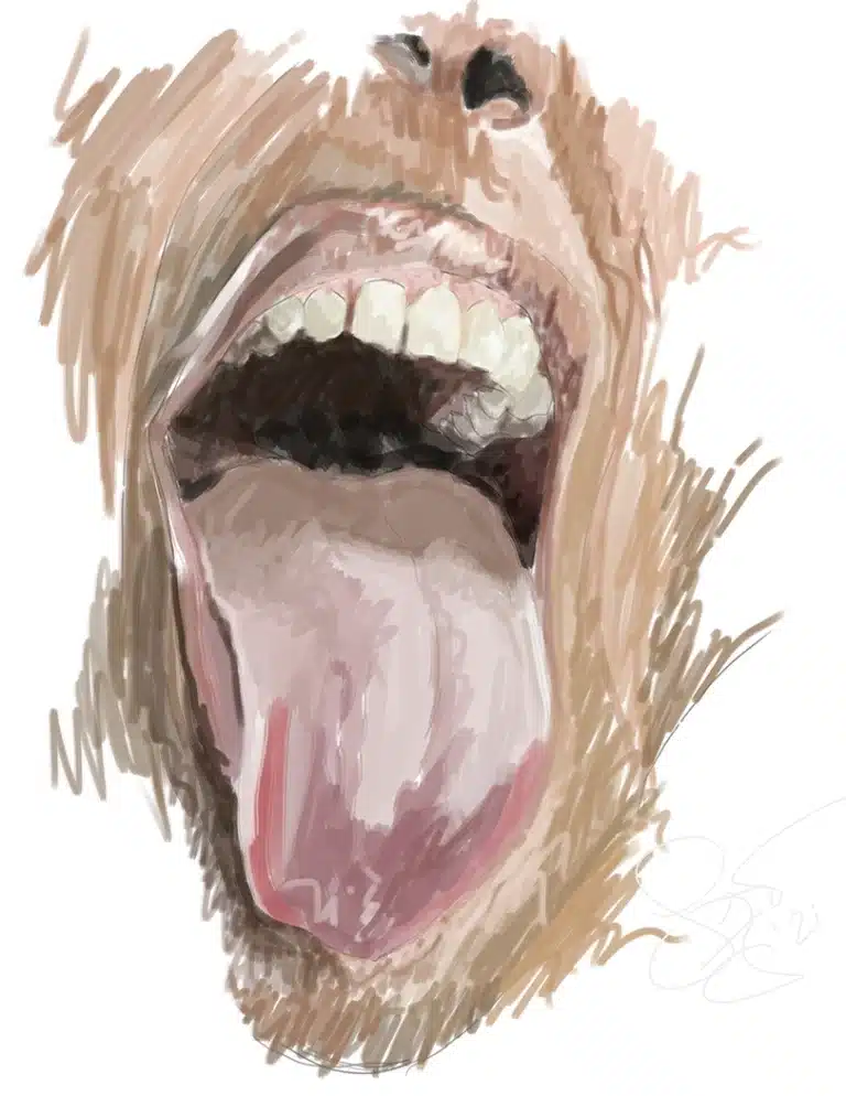 Close-up painting of an open mouth with tongue sticking out in a playful expression.