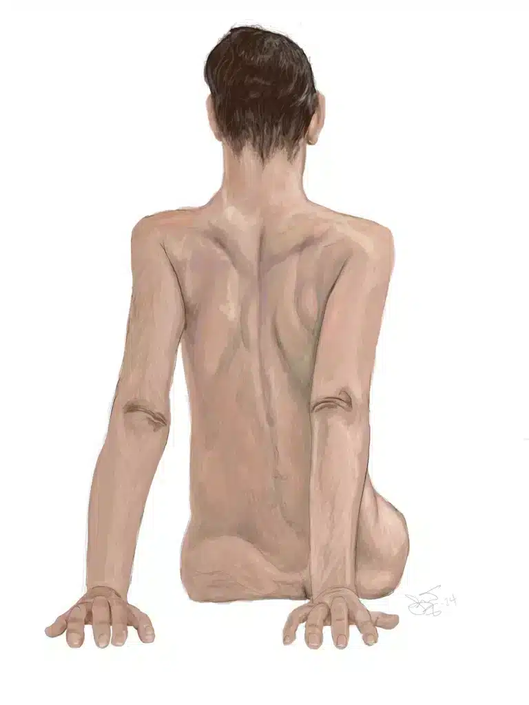 Back view of a nude male adult figure with hands on the floor, seen from behind (art illustration).