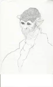 Pencil sketch of a chimpanzee in a George Washington blazer.