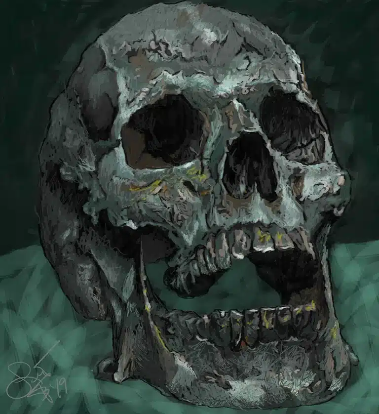 A weathered human skull resting on a green surface, painted in dark, moody tones with hollow eye sockets and an open jaw, creating an eerie atmosphere.