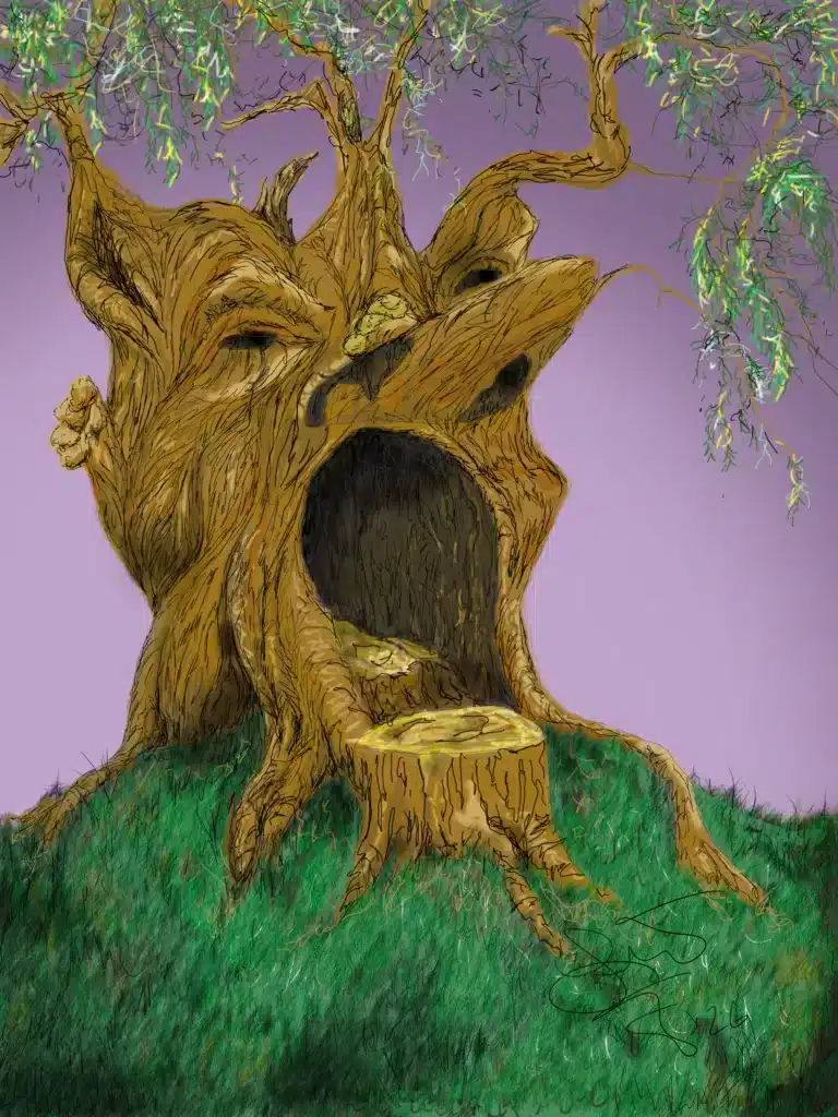 Gnarled old willow tree trunk with a large hollow opening resembling a wide mouth on a grassy hill against a purple skyline.