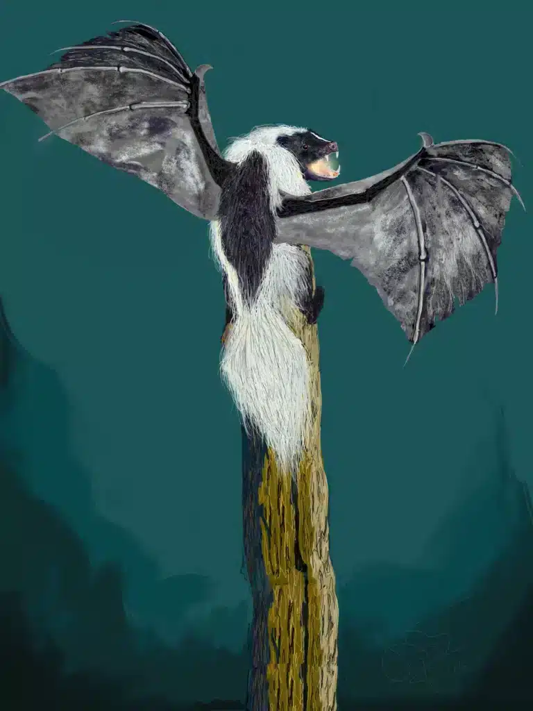 A non-traditional dragon, mixing a dragon and a skunk, using digital media.