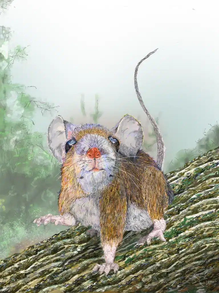 A field mouse on a tree log in a forest done digitally with Photoshop.